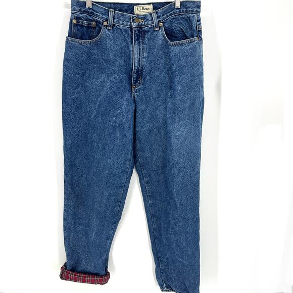 Vintage L.L. Bean Flannel Lined High Waisted Jeans Red Plaid Lining Size 14 M/T - Picture 1 of 8